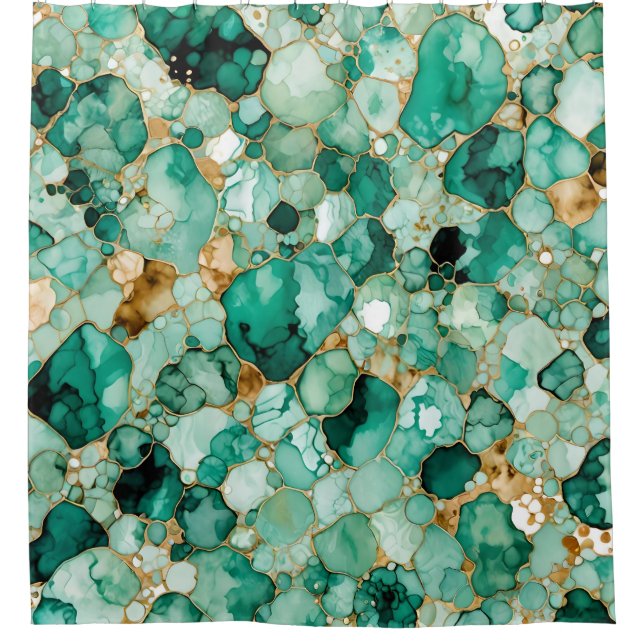 Alcohol Ink Pattern Mint Green Gold Shower Curtain (Front)