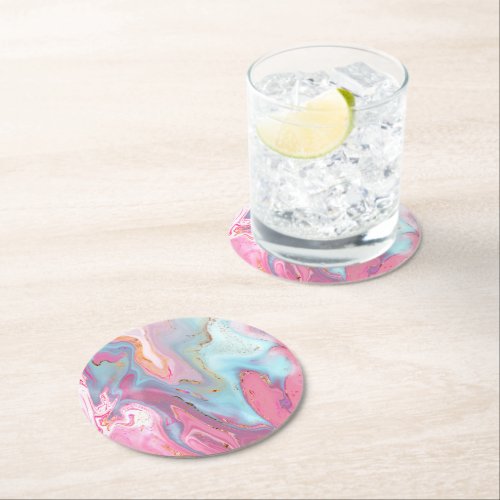 Alcohol Ink Pink And Gold Glitter Abstract  Round Paper Coaster