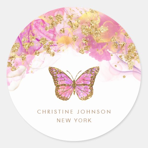 alcohol ink pink butterfly logo classic round sticker