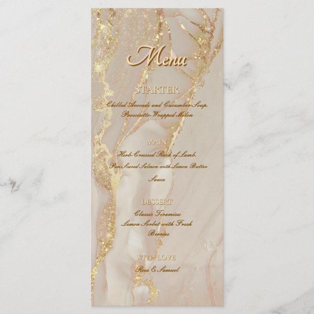 Alcohol Ink Pink Glitter Gold Elegant Flat Menu (Front)