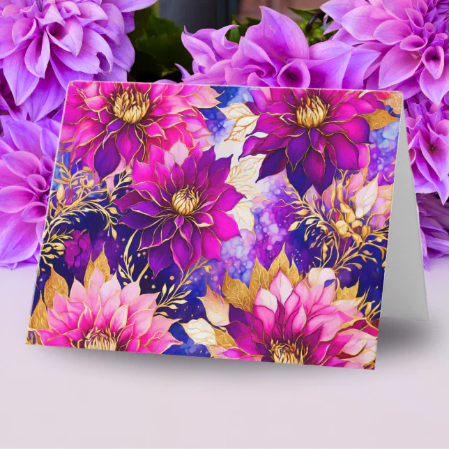 Alcohol Ink Pink Purple Dahlia Flowers ai Artwork Note Card | Zazzle