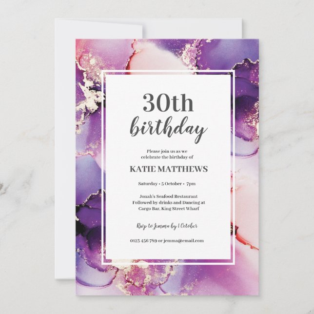 Alcohol Ink Purple Gold Birthday Party Invitation (Front)