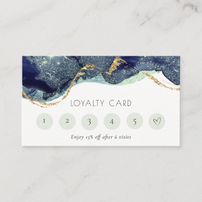 Alcohol Ink Silver Navy Glitter 6 Punch Loyalty Business Card (Front)