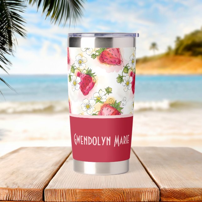 Alcohol Ink Style Strawberry Blossoms and Berries Insulated Tumbler (Beach)