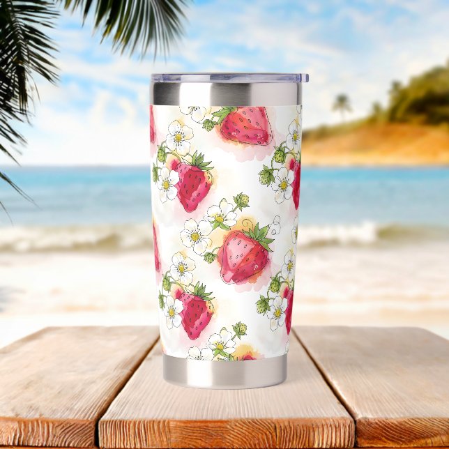 Alcohol Ink Style Strawberry Blossoms and Berries Insulated Tumbler (Beach)