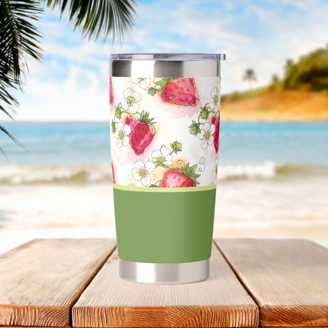 Alcohol Ink Style Strawberry Blossoms and Berries Insulated Tumbler (Beach)