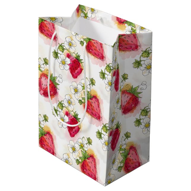 Alcohol Ink Style Strawberry Blossoms and Berries  Medium Gift Bag (Back Angled)