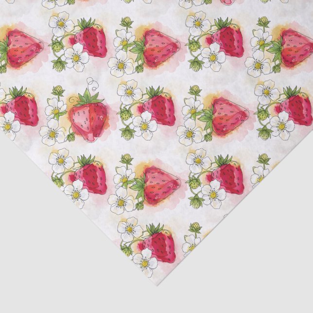 Alcohol Ink Style Strawberry Blossoms and Berries  Tissue Paper (Detail)