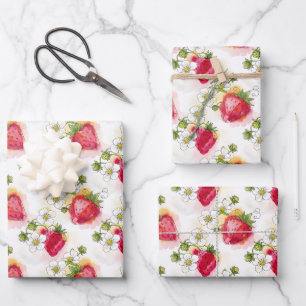 Alcohol Ink Style Strawberry Blossoms and Berries Wrapping Paper Sheets