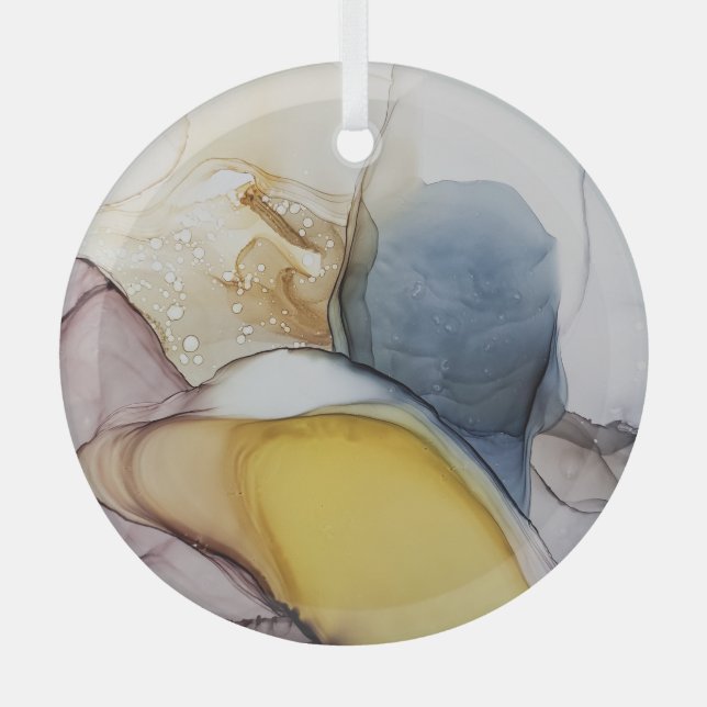 Alcohol ink swirls, yellow tint, abstract. glass ornament (Front)