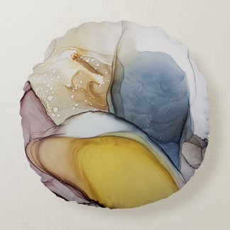 Alcohol ink swirls, yellow tint, abstract. round pillow