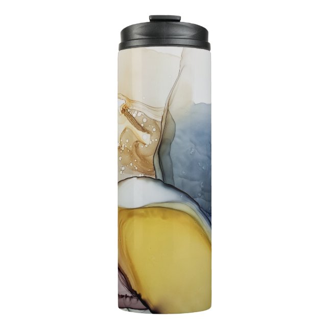 Alcohol ink swirls, yellow tint, abstract. thermal tumbler (Front)