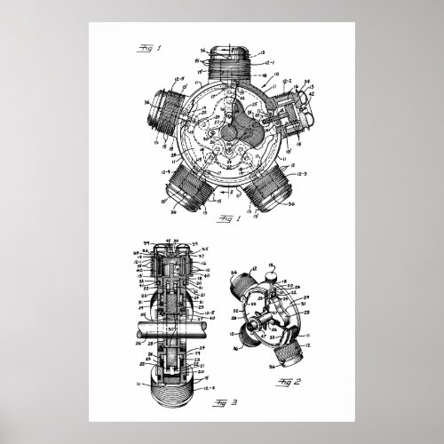 Aldridge Rotary Engine Line Drawing Poster