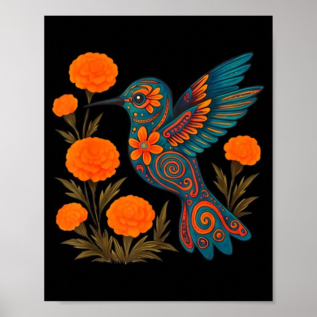 Alebrije Hummingbird Flower Mexican Folk Art Bird  Poster (Front)