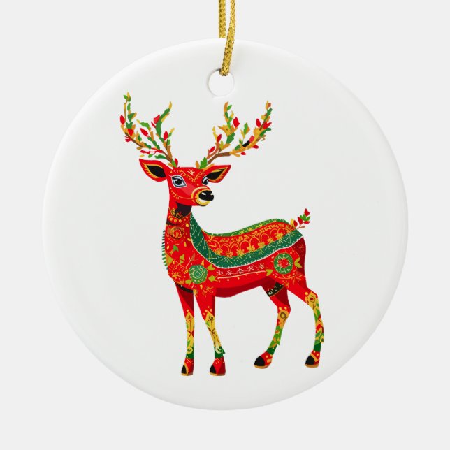 Alebrijes Folk Art Reindeer Customizable  Ceramic Ornament (Front)