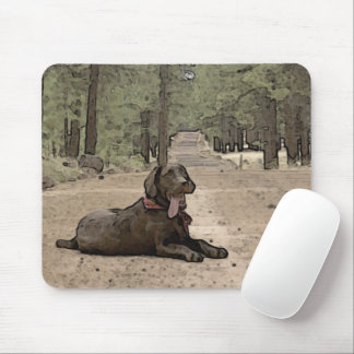 Alert Chocolate Lab On A Forest Trail Artwork Mouse Pad