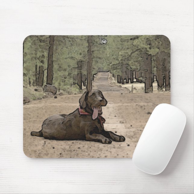 Alert Chocolate Lab On A Forest Trail Artwork Mouse Pad (With Mouse)