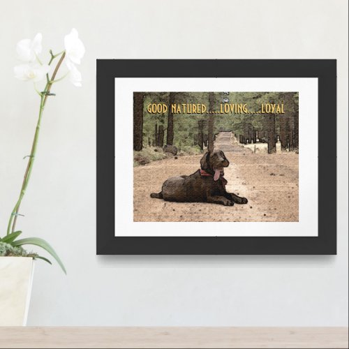 Alert Chocolate Lab On A Forest Trail Custom Text Framed Art