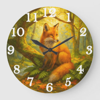 Alert fox in sunlit woodland large clock