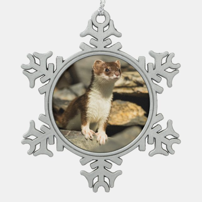 Alert Weasel Snowflake Pewter Christmas Ornament (Front)