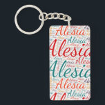 Alesia Keychain<br><div class="desc">Alesia. Show and wear this popular beautiful female first name designed as colorful wordcloud made of horizontal and vertical cursive hand lettering typography in different sizes and adorable fresh colors. Wear your positive british name or show the world whom you love or adore. Merch with this soft text artwork is...</div>