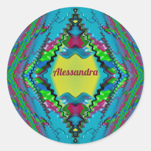 ALESSANDRA~ Black Pink Blue and Yellow Fractal ~  Classic Round Sticker