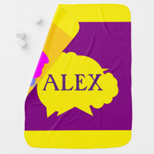 Alex name motif on purple and yellow at front baby blanket