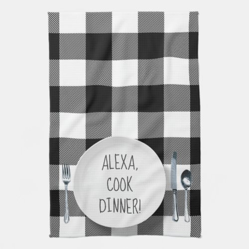 Alexa Command humor on buffalo plaid Kitchen Towel