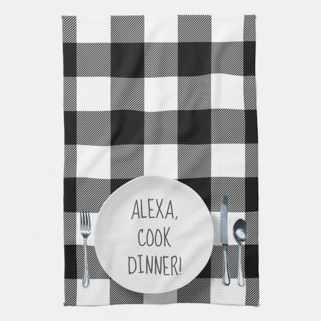 Alexa Command humor on buffalo plaid Kitchen Towel (Vertical)