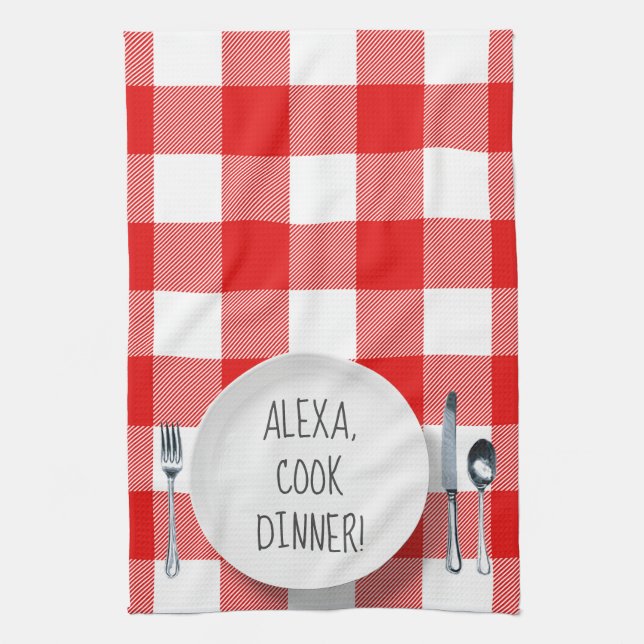 Alexa Command humor on buffalo plaid Kitchen Towel (Vertical)