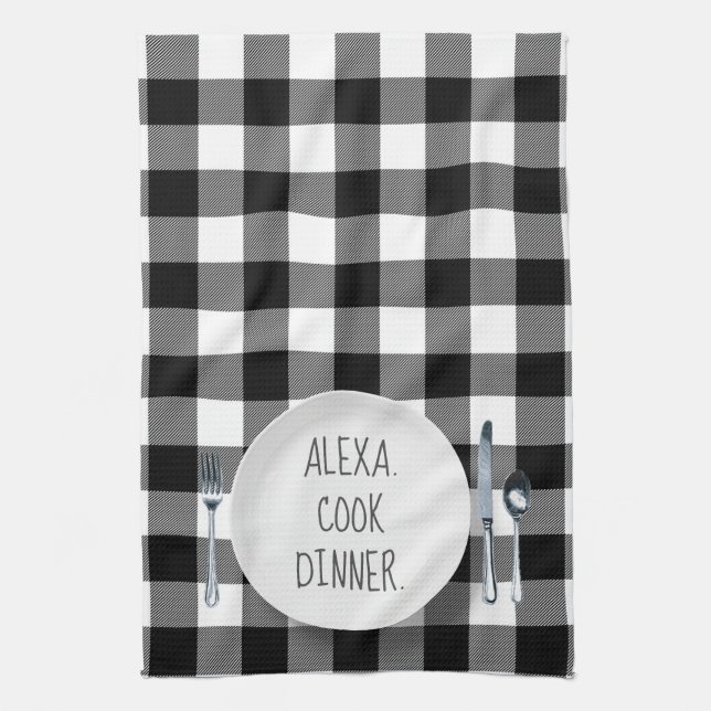 Alexa Command Humor On Buffalo Plaid Kitchen Towel (Vertical)
