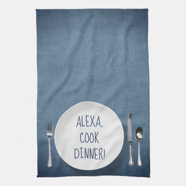 Alexa Command humor on denim blue Kitchen Towel (Vertical)