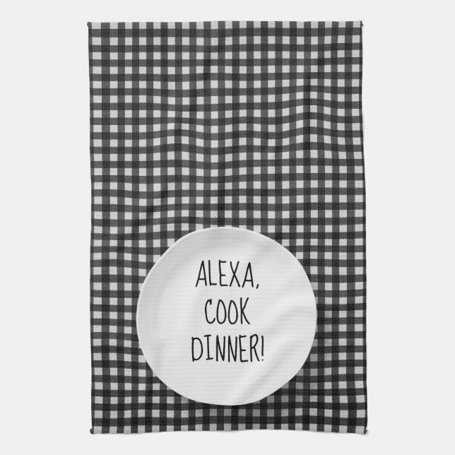 Alexa Command humor on gingham Kitchen Towel (Vertical)
