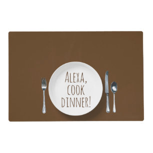 Alexa command on white dinner plate placemat