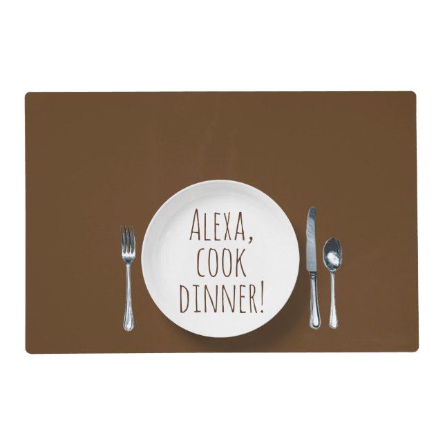 Alexa command on white dinner plate placemat (Front)