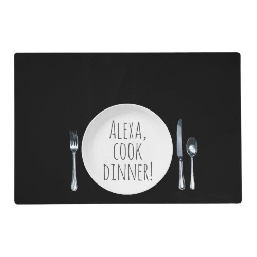 Alexa command on white dinner plate placemat