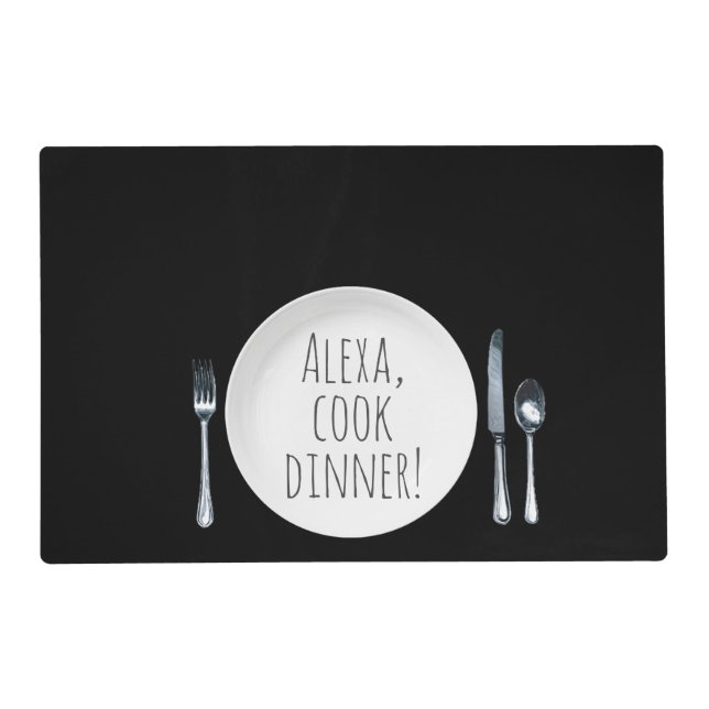 Alexa command on white dinner plate placemat (Front)