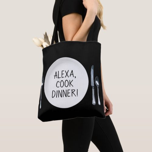 Alexa command on white dinner plate tote bag