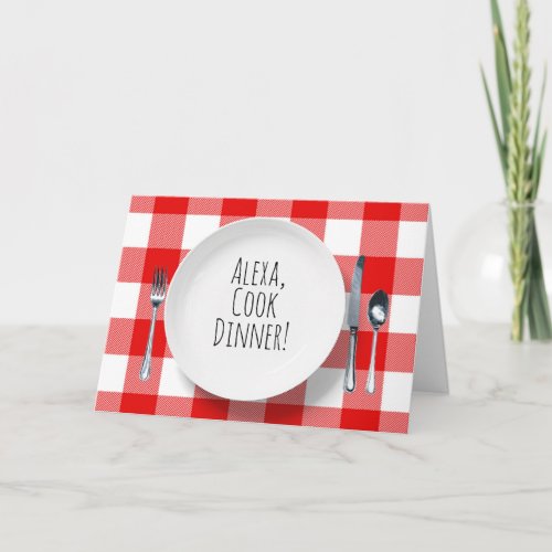 Alexa Command on white plate on plaid birthday Card