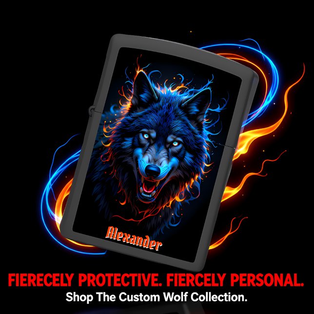 Alexander Blue Fire Wolf Portrait Zippo Lighter (Creator Uploaded)