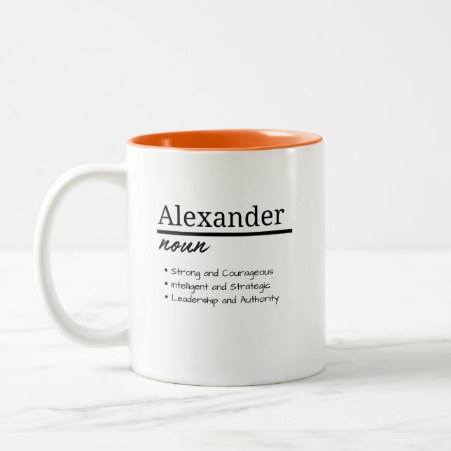 Alexander, Boy Personalized Name Definition Two-Tone Coffee Mug (Left)