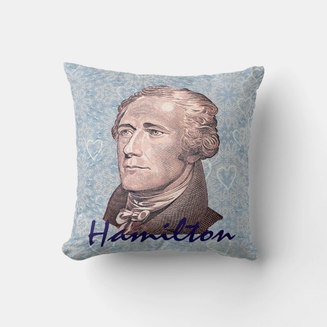 Alexander Hamilton on Blue Lace & Heart Background Throw Pillow (Front)