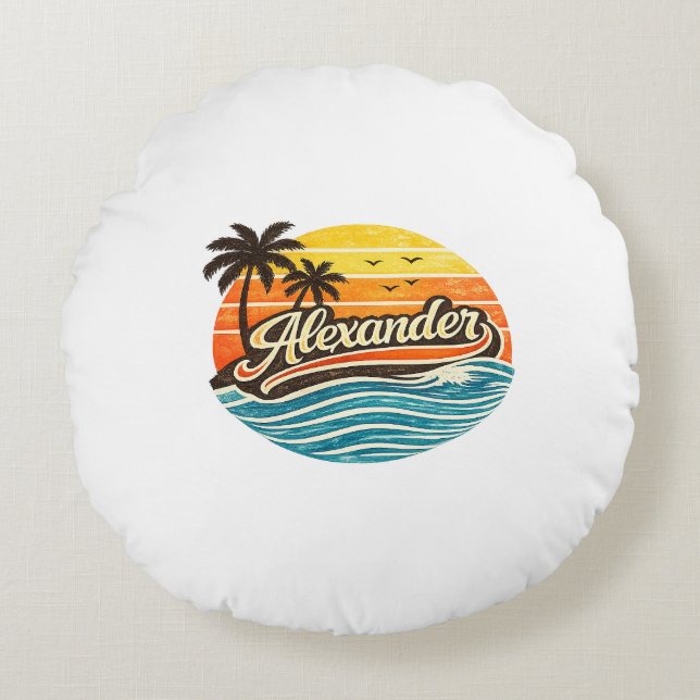 Alexander Retro Sunset Name Design Round Pillow (Front)