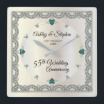 Alexandrite | Diamonds 55th Wedding Anniversary  Square Wall Clock<br><div class="desc">Opulent elegance frames this 55th wedding anniversary design in a unique scalloped diamond design with diamond and heart-shaped alexandrite look accents in lieu of numbers and faux added sparkles on a white gold-tone gradient. Please note that all embellishments are printed and are only made to appear as real as possible...</div>