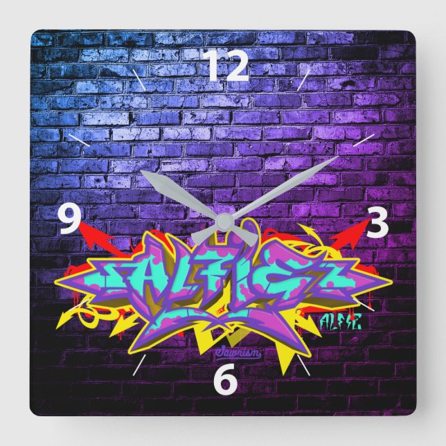Alfie in graffiti lettering square wall clock (Front)