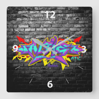 Alfie in graffiti lettering with gray bricks square wall clock