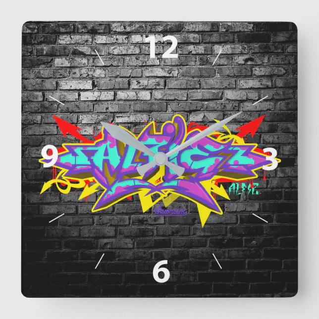 Alfie in graffiti lettering with gray bricks square wall clock | Zazzle