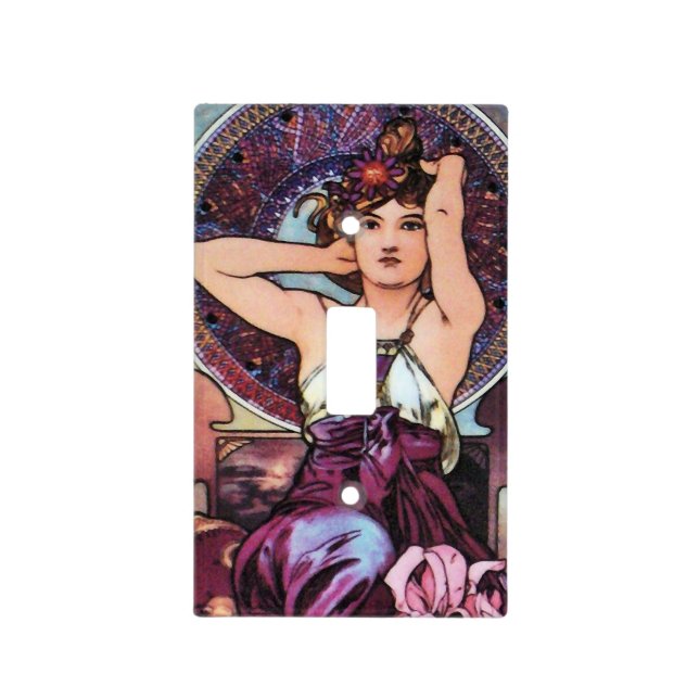 Alfons Mucha Amethyst Art Deco Light Switch Cover (Front)