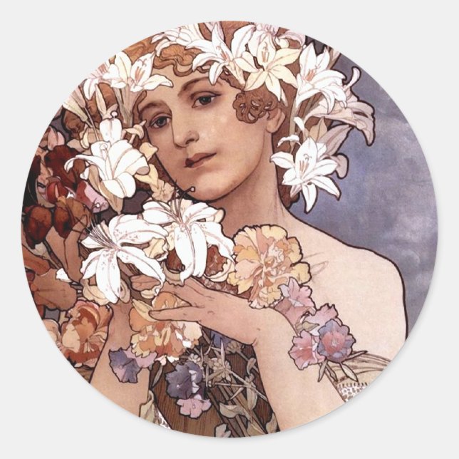 Alfons Mucha: Flower Classic Round Sticker (Front)