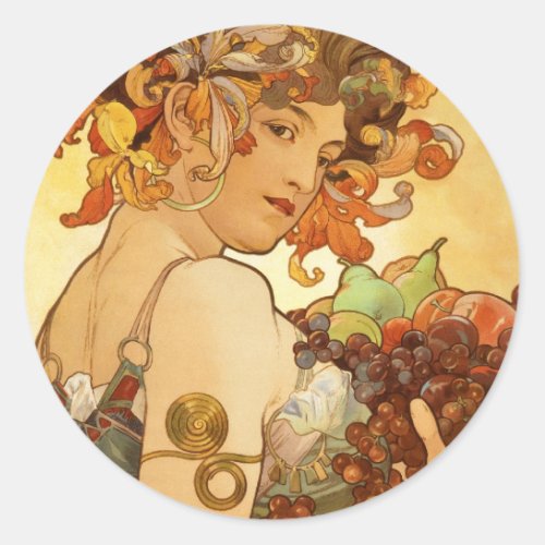 Alfons Mucha Fruit Classic Round Sticker